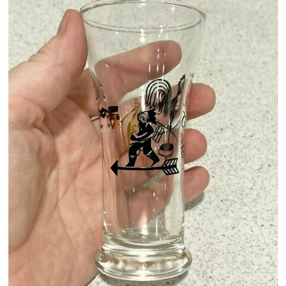 Vintage Juice Glasses Set (5) Retro Clear Glass & Black Gold Roosters Carriages
